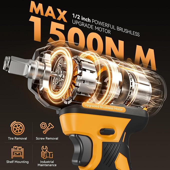 Impact Wrench Compatible with DeWalt Battery -1107Ft-lbs(1500N.m) | Impact Driver, 1/2" Impact Gun 3-Speed High Torque Power Tool for Home Car Pickup Truck RV Mower (No Battery)