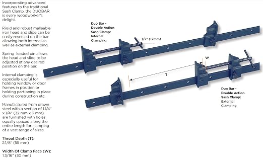 Groz 36" Duo Bar Clamp, 30" Capacity, Reversible Malleable Iron Head for Internal & External Clamping, 1-1/4" x 1/4" Drawn Steel Bar, Spring-Loaded Pin, Woodworking & Construction (39132)