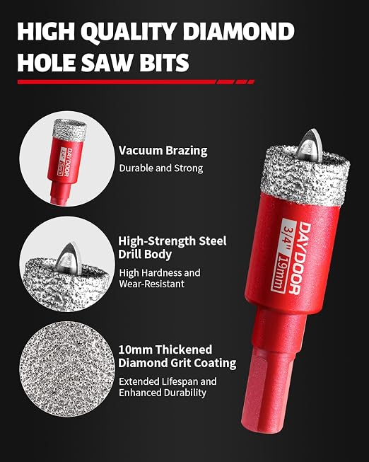 DAYDOOR 3/4" Diamond Hole Saw Bits with Pilot Drill Bit-2pcs 19mm Diamond Tile Hole Saw with Guiding Bit for Porcelain Tile Ceramic Pottery Granite Stone Glass Bottles(3/8" Triangle Shank)