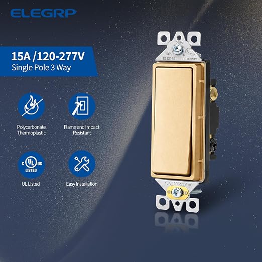 ELEGRP Matte Champagne Gold 3 Way Decorator Light Switch, 15A 120-277V, Paddle Rocker Switch Replacement, On/Off Wall Switch, Self-Grounding, Residential Grade, UL/CUL, 1 Pack