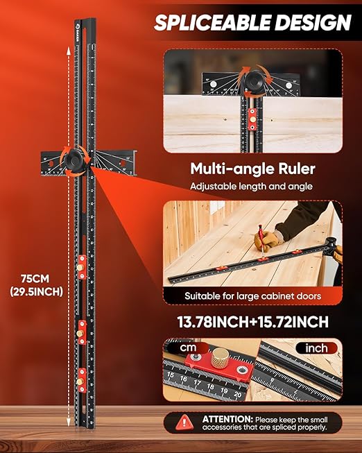Saker 4-in-1 Scriber Marking Line Ruler, 29.5in Spliceable Extended T Square with Pencil, Precision Line Drawing & Drilling Positioning Tool, Cabinet Hardware Jig with Angle Adjustment for Woodworking