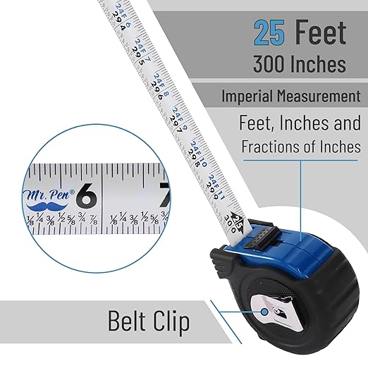 Mr. Pen- Retractable Tape Measure 25 ft, 2 Pack, Dark Blue, Easy Read, Steel Retractable Measuring Tape with Fractions, Ideal for Construction & DIY Projects