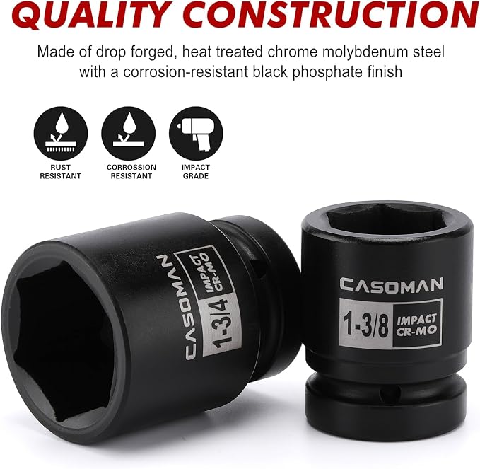 CASOMAN 1-Inch Drive Spindle Axle Nut Impact Socket Set, Shallow, 1" to 2", 9PCS Impact Large Socket Set, 6-Point, SAE, CR-MO