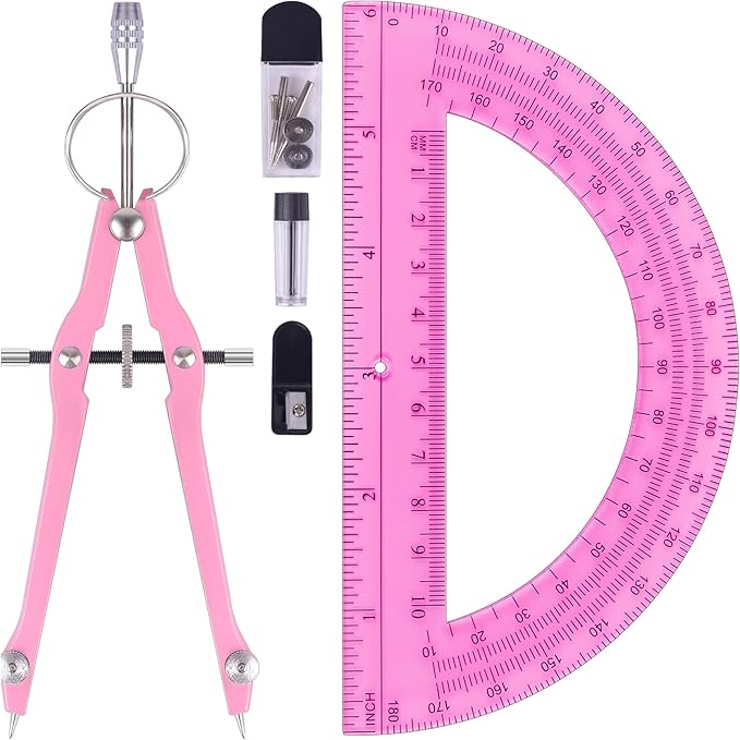 Unjoo Compass and Protractor Set, Professional Drawing Compass Tool, Metal Compass with Extra Refills, Compass for Geometry and 6 Inch Math Protractors 180 Degree (Pink)