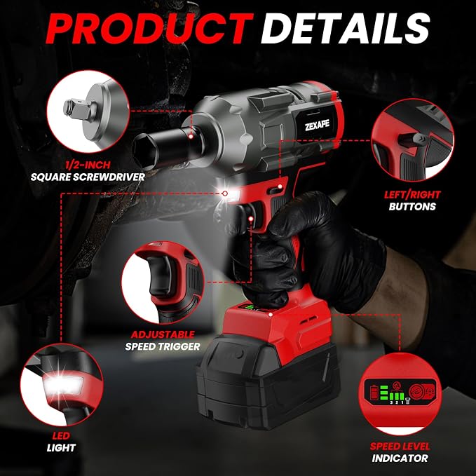 Cordless Impact Wrench 1/2 inch for Milwaukee Battery, Impact Wrench 1360N.m(950Ft-lbs) High Torque Brushless Electric Impact Gun, Power Impact Driver with 3-Mode Speed, LED Work Light(no battery)