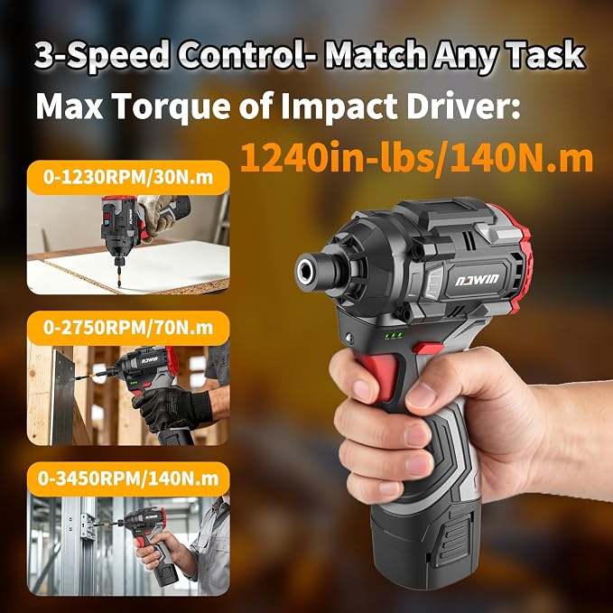 16.8V Cordless Drill & Impact Driver Combo Kit, 3/8" Drill & 1/4" Impact Driver, 2×2000mAh Batteries, for DIY Projects, Furniture Assembly & Home Repairs