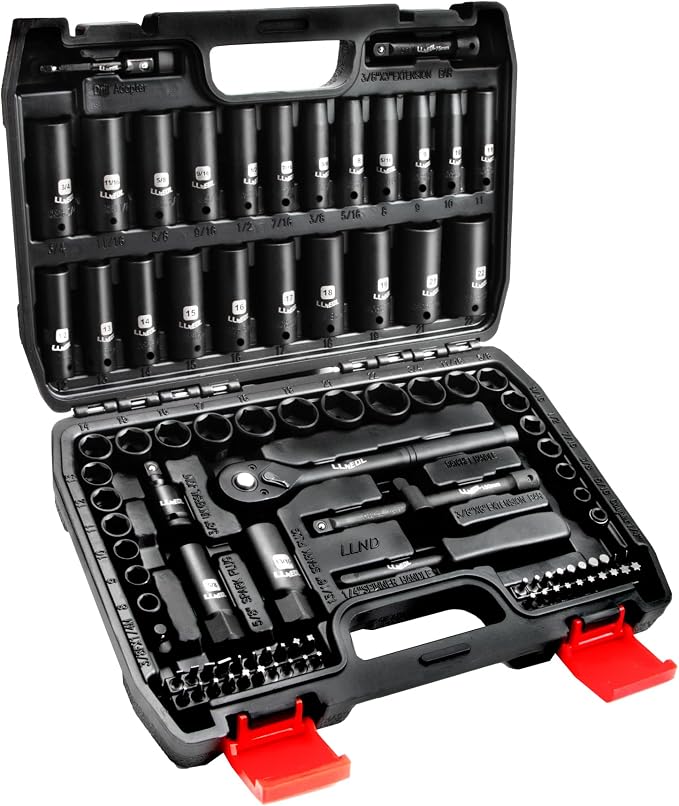 LLNEDL 3/8" Impact Socket Set Drive, 95Pcs Deep&Shallow Socket Wrench Set | 6 Point Metric&Standard Full (5/16"-3/4",8-22mm) with Spark Plug Socket, 72T Ratchet Handle, Screwdrivers for Automotive&Home