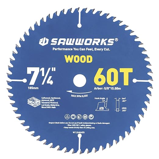 SawWorks 7-1/4" 60T Carbide Circular Saw Blade, Trim, Molding & Veneer for Skilled Woodworkers, 5/8" Arbor