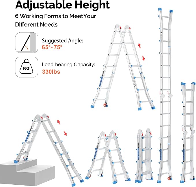 LUISLADDERS Ladder, A Frame Step Ladder Telescoping Ladder, Muti Position Folding Ladder Flared Leg & Wheels Design, 330 lbs Capacity Extension Ladder for Household Outdoor Work (17 FT)