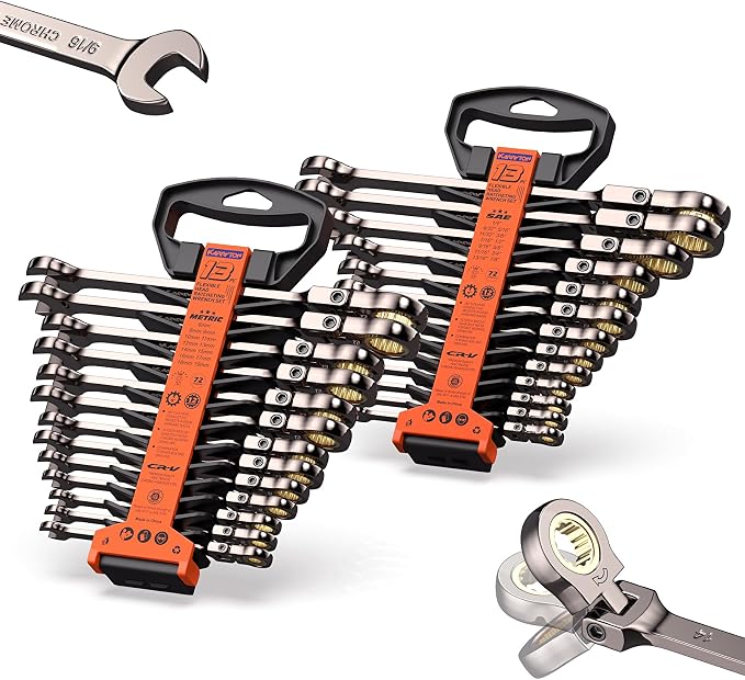 26-Piece Flex head Ratcheting Wrench Set (Metric & SAE), 72 Teeth Combination Wrench Set w/Organizer Rack,Cr-V Steel,6-19mm &1/4-7/8", Black Nickel Handle with Golden Ratchet