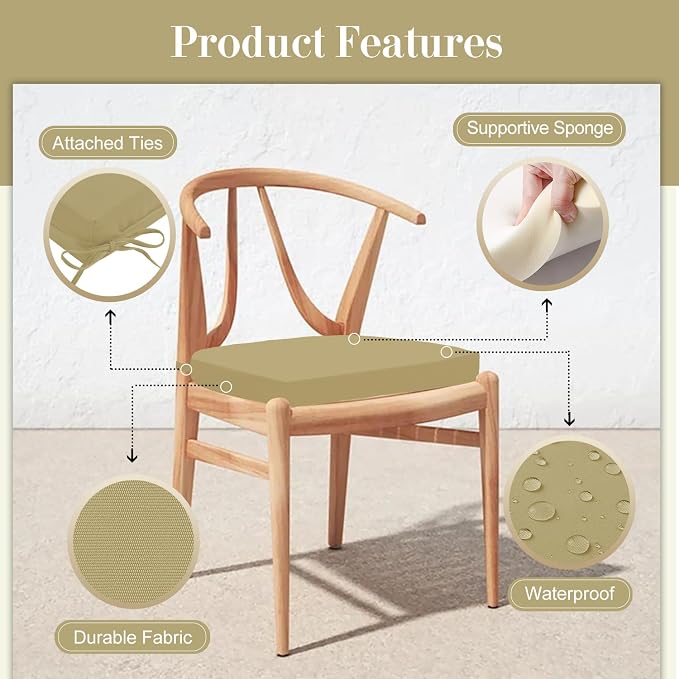 Cozyide Outdoor Chair Cushions, Waterproof Patio Seat Cushions with Adjustable Straps, Round Corner Patio Chair Cushions for Garden, Khaki, 17x16x2 Inch (Pack of 2)