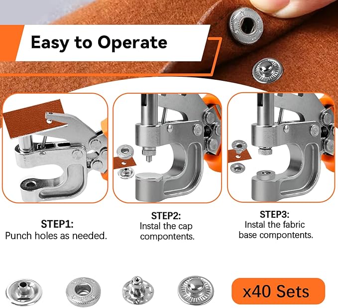 Leather Snap Fastener Tool Kit - Snap Button Kit with 40 Sets 15mm Silver Snaps - Hole Punch & Snap Press Pliers for Leather Craft, Jacket & Bag Repair - Ergonomic Design for Safe, Easy DIY Projects