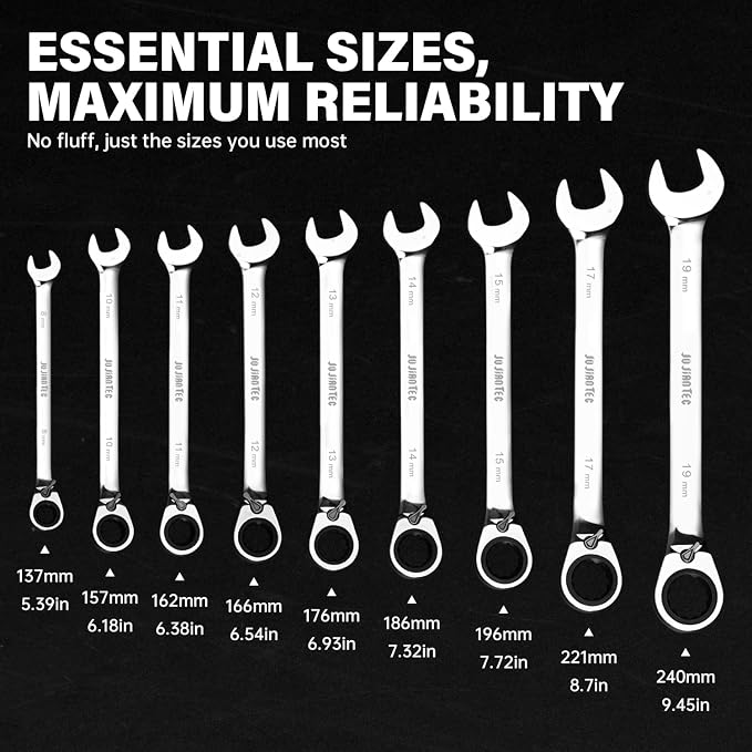 JUJIAN TEC 9-Piece Metric Ratcheting Combination Wrench Set | 72-Tooth Reversible Ratchet, Cr-V Steel, 8-19mm, Roll-Up Pouch