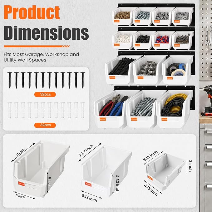 14pc Wall-Mounted Organizer V1 V2 V3 Master Combo Set White | Heavy duty metal rails multi-size bins master set for garage screws, tools, batteries & wrenches.