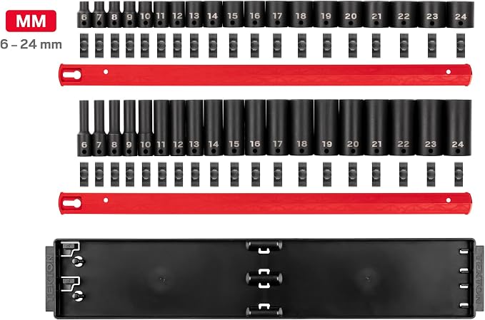 TEKTON 3/8 Inch Impact Socket Set, 38-Piece | SID91211 | (6 - 24 mm), Shallow and Deep, 6-Point, Socket Rail