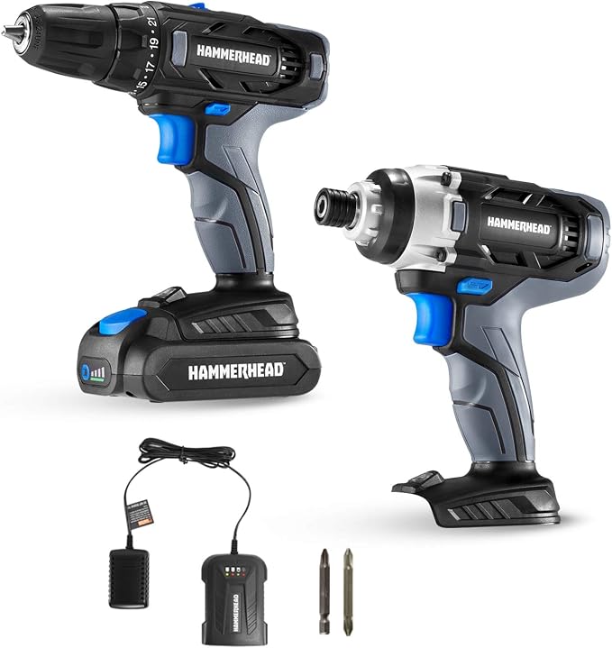 Hammerhead 20V Cordless 2-Tool Combo Kit: Drill and Impact Driver with 1.5Ah Battery and Charger - HCC2020