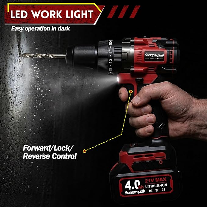 21V Cordless Hammer Drill - 1151In-lbs High Torque Brushless Drill Set w/ 1/2" Metal Chuck & 20+3 Clutch & 4.0Ah Battery & Case - Power Drills for Home Wood Metal Brick Lightweight-Concrete