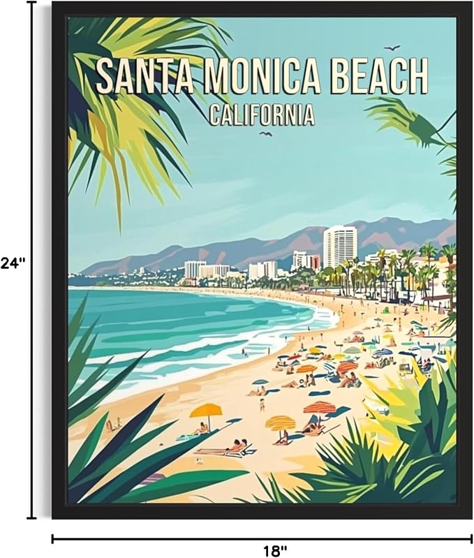 Santa Monica Beach California Unframed Wall Art Print Poster, US Vintage Retro Beach Scenery Posters Prints for Restroom Home Picture Painting Artwork Gallery 219 (Santa Monica Beach California, 24"L x 18"W, Unframed)