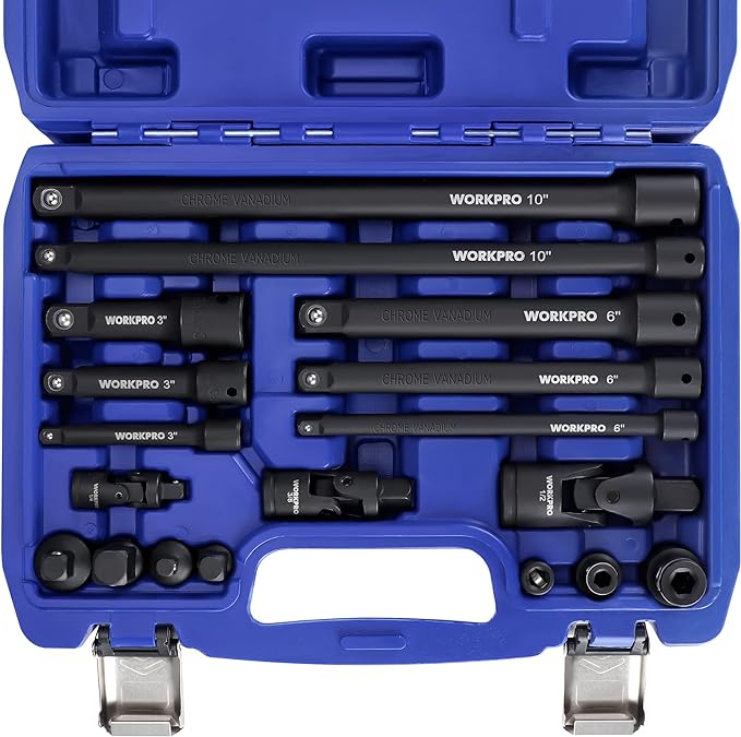 WORKPRO 18-Piece Impact Socket Extension Set, 1/4", 3/8" & 1/2" Drive | Includes Socket Adapters, Ratchet Extension Set, Socket Extension Bar, Swivel Universal Joints and Impact Coupler