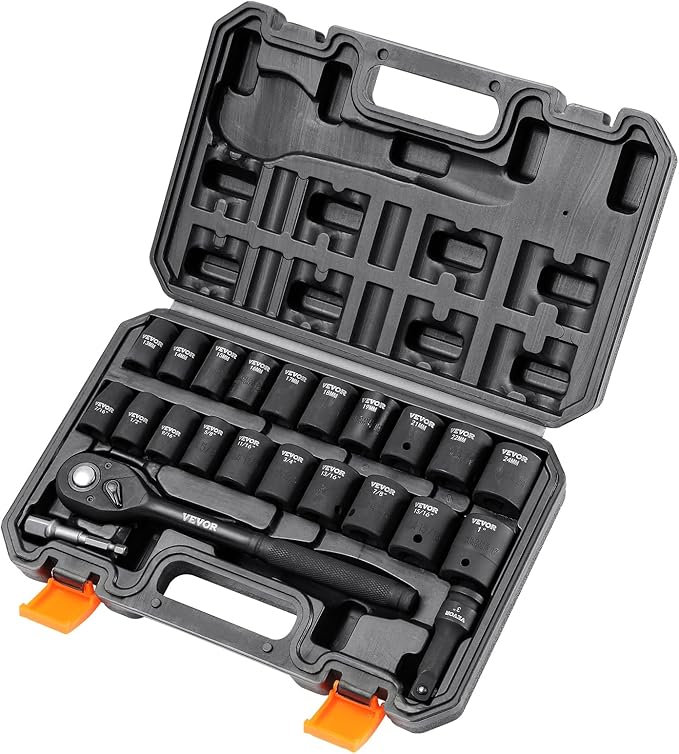VEVOR 1/2" Drive Impact Socket Set, 23 Piece Socket Set SAE （7/16" -1"）& Metric （13-24mm）6 Point Cr-V Alloy Steel for Auto Repair with Ratchet Handle Rugged Construction Storage Case