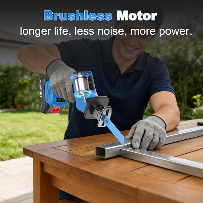 NANWEI Cordless Reciprocating Saw, 20V Brushless Motor 3500RPM Variable Speed, 2×2.0Ah Batteries, Tool-Free Blade Change, LED Light, 6 Blades, Portable for Wood/Metal/PVC Cutting (2.0Ah Batteries)