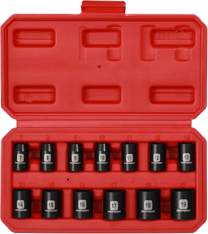 MIXPOWER 13 Pieces 3/8-Inch Drive Shallow Impact Socket Set, 7mm to 19mm, CR-V, Metric, 6 Point, Shallow, 13 Pieces 3/8" Dr. Socket