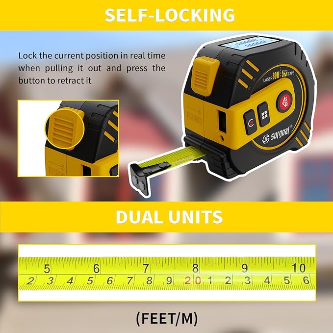 2-in-1 Laser Tape Measure 262ft Rechargeable Digital Tape Measure with Laser 16Ft Construction Measuring Tape for Woodworking and DIY, Pythagorean, Area, Volume, Ft/Ft+in/in/M Unit Magnetic Hook