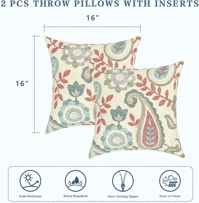 LVTXIII Outdoor Throw Pillows 16x16 Inch, Set of 2 Square Decorative Pillows with Inserts for Patio Furniture, Porch Chair, Garden Sofa, Paisley Vintage