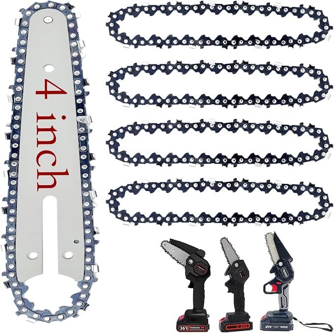 [4Chains+1Bar] 4 Inch Mini Chainsaw Chain with Replacement Saw Chain Bar, 4 Inch Replacement Chains for Portable Mini Chainsaw for Wood Branch Cutting 1/4LP Pitch .043" Gauge 28 Drive Links