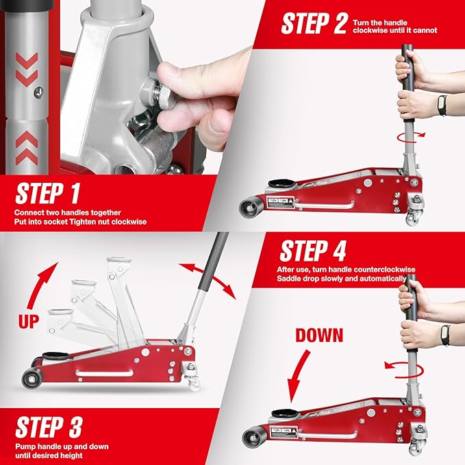 Jack Boss 3 Ton Low Profile, Aluminum and Steel Racing Floor Jack with Dual Pistons Quick Lift Pump for Sport Utility Vehicle, Lifting Range 3-15/16" min to 18-5/16" max, Net Weight 58.5 lb, Red