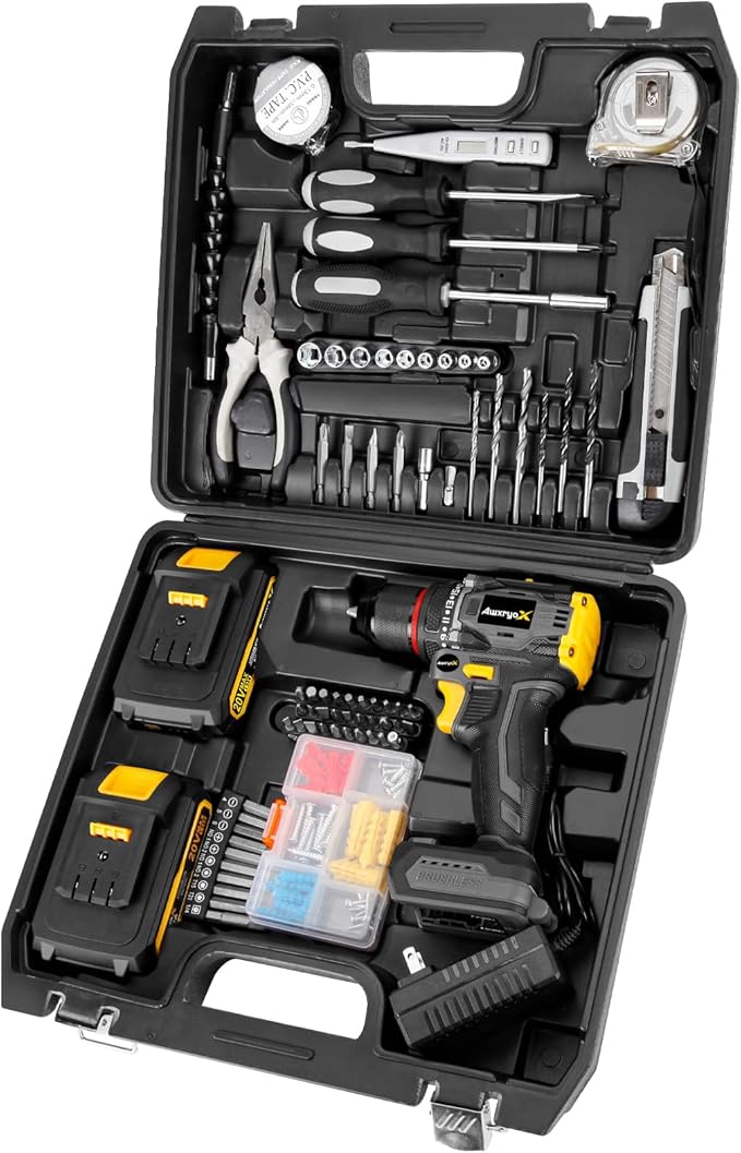 AwxryoX Brushless Compact Drill Tool Set, 60N.m 20V Cordless Drill Tool Box with 2 Battery, 135Pcs Man Household Combo Set with DIY Hand Taladros Kits, 531 In-lb Kit with Drill for Daily Home Repair