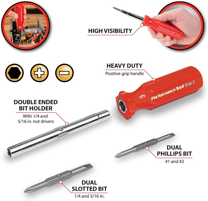 Performance Tool W975 6-in-1 Quick Change Screwdriver With Hex Torque Handle, Chrome Vanadium Steel