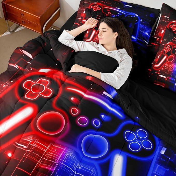 Gamer 7 Piece Comforter Set Full Bed in a Bag, Gaming Bedding Sets Neon Lights Video Game Console Comforter and Sheet Set, Red Blue Brick Cube Room Decor,Gaming Room Decor for Boys