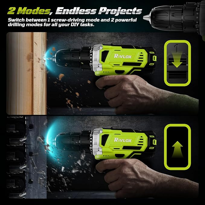 20V Cordless Drill Set,Electric Power Drill Cordless,Power Drill Drivers,Electric Screwdriver - 2.0Ah Batteries, 30Nm，21+1 Torque,2 Speed,34pcs Acessories,Built-in LED,Kit for Home,Green