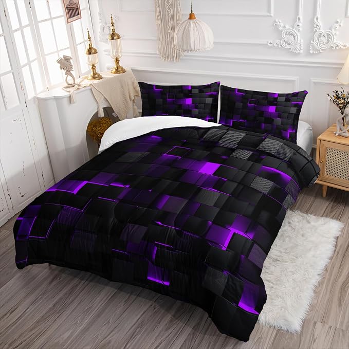 Geometric Violet Black Comforter Set,Light Honeycomb 3 Piece Bedding Set Twin Size for Teen Boys,Modern Bedding Quilt Set Geometry Decor,Microfiber Lightweight 1 Comforter 2 Pillowcases All Season