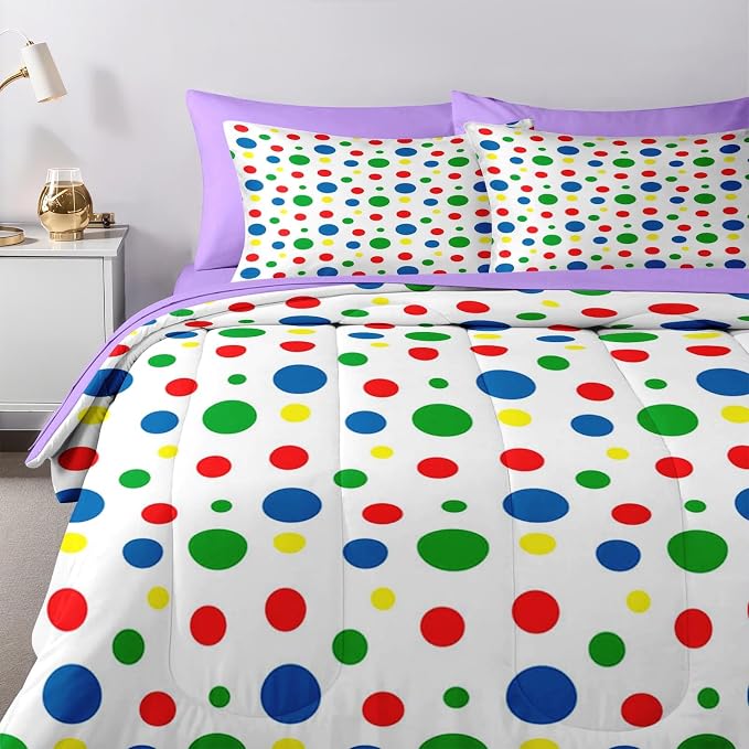Nesker Comforter Set Twin Size, Rainbow Green Red 5 Pcs Bedding for Kids and Adults, Blue Yellow Polka Dot Bed Sheet Sets with Fitted Sheet Pillowcase & Sham