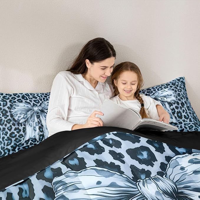 Feelyou Leopard Print Comforter Set All Season Cute Blue Bow Bedding Set with 2 Pillow Cases Cheetah Animal Fur Microfiber Kids Full Bedclothes Bedroom Decor Duvet Quilt Breathable Soft Lightweight