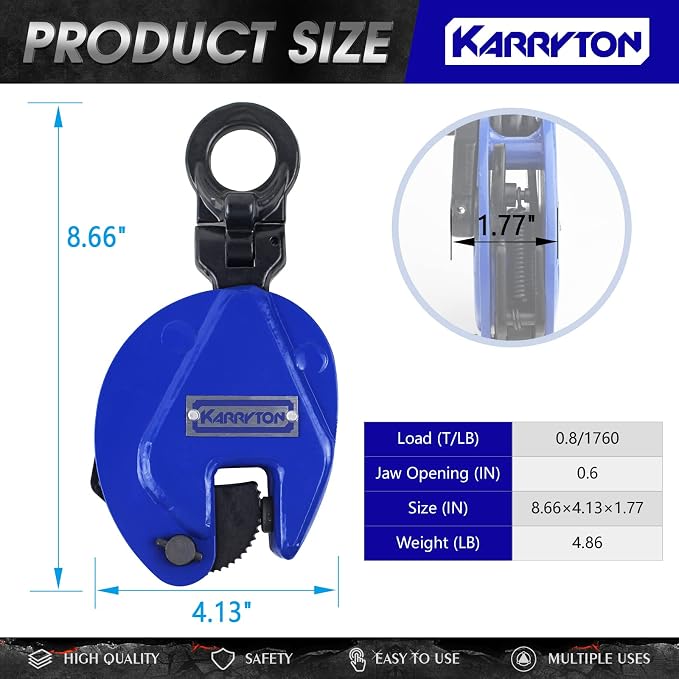 0.8Ton/1760LB Vertical Lifting Plate Clamp, Jaw Opening 0.6IN