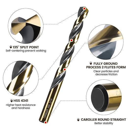 CaRoller 29Pcs Drill Bit Set, 135 Degree Tip High Speed Steel with Black and Gold Finish, Stainless Steel, Plastic and Wood with Metal Indexed Storage Case 1/16"-1/2" (29pcs Black and Gold)