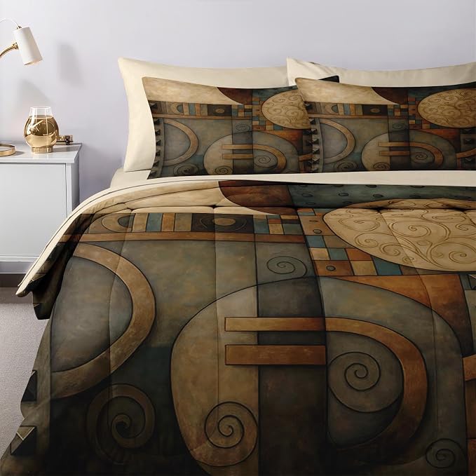 Nesker Comforter Set King Size, Geometry Vintage 7 Pcs Bedding for Kids and Adults, Abstract King Retro Tribe Bed Sheet Sets with Fitted Sheet 2 Pillowcases & 2 Shams