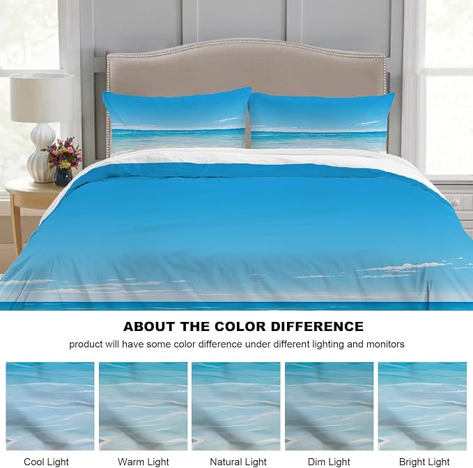 Batmerry Beach Scene King Size 100% Cotton Duvet Cover Sets, Tranquil Ocean View Bedding Set with Zipper Closure Corner Ties, 3 Pieces (1 Cover + 2 Pillowcases No Comforter)