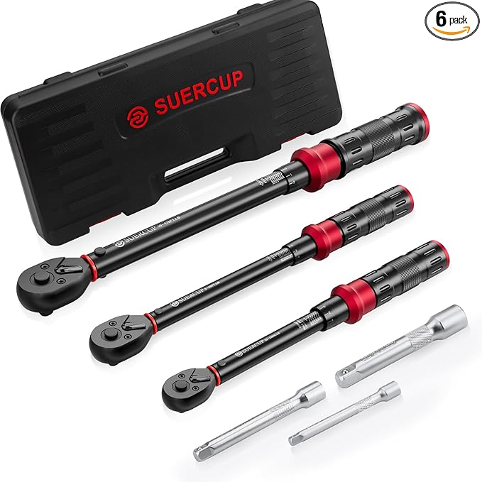 SUERCUP 1/4 3/8 1/2-inch Drive Torque Wrench - 3Pcs Torque Wrench Set 20-240in.lb, 5-45ft.lb, 10-170ft.lb, Dual-Direction Adjustable 72 Tooth Click Torque Wrench for Bicycle, Moto and Car Maintenance