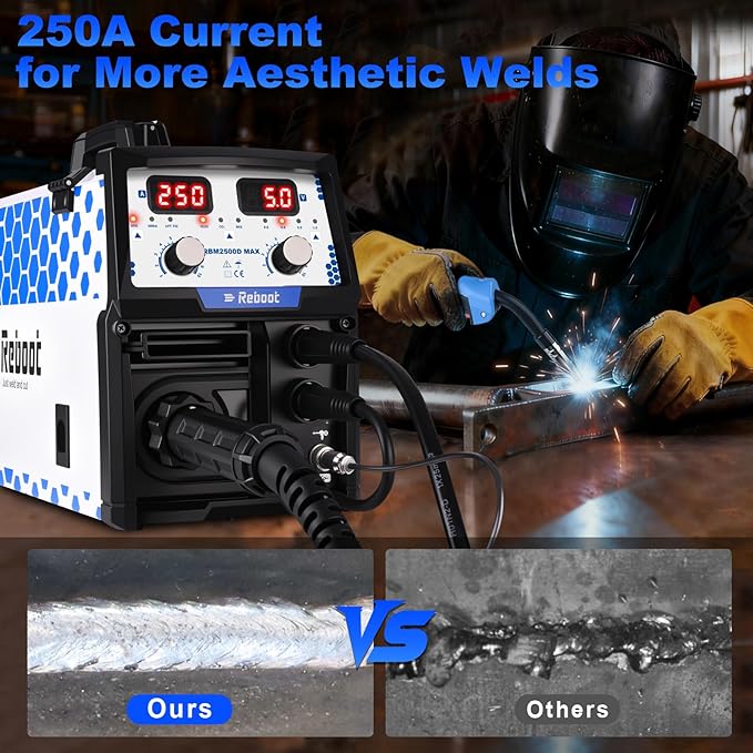 Reboot RBM2500D MAX 250A 5-in-1 MIG Welder, Premium Build, Spool Gun Compatible for Aluminum, Lift TIG, MIG Gas/Gasless, Stick, 120V/240V Dual Voltage Multiprocess Welding Machine