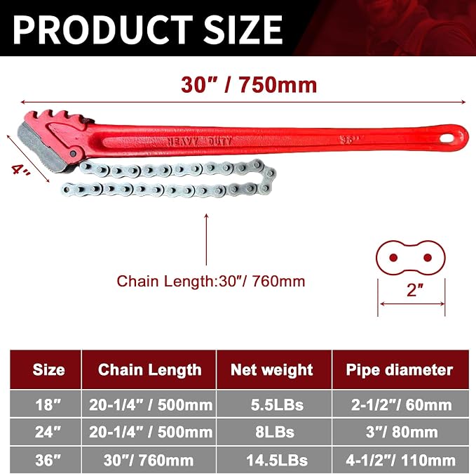 Chain Pipe Wrench 36" for 4.2" ~ 7.5" Pipe Diameter, Chain Length 30". Heavy-Duty Chain Pipeline Tool for Pipeline Installation, Oilfield Pipeline Operations and Maintenance