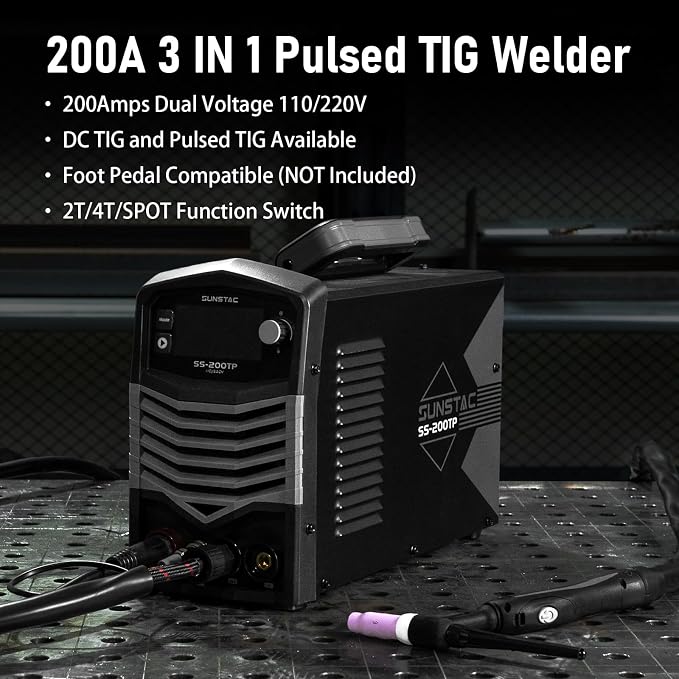 Sunstac 200A TIG Welder with Pulse, 110V/220V Dual Voltage, 3 in 1 DC TIG/Pulse TIG/SPOT TIG/Stick Welding Machine, Digital Screen Display, Over Loading Protection