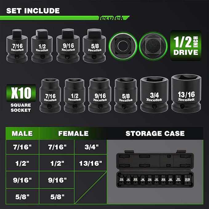TecoTek 1/2" Drive Pipe Plug Socket Set, Square Drive Socket, 10-Piece, SAE, 4 Point Sockets, CR-MO, Tapered Male Square 7/16'' - 5/8'', Chamfered Female Square 7/16'' - 13/16''