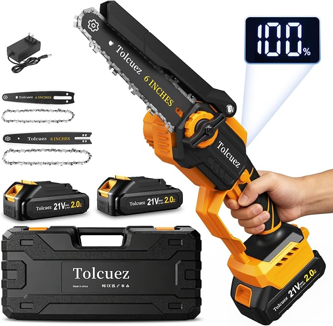 Mini Chainsaw Cordless,6 Inch & 8 Inch Electric Chainsaw with LED Display,2 Batteries Brushless Motor Battery Powered Chainsaw,Handheld Saw for Tree Branches and Garden Cutting