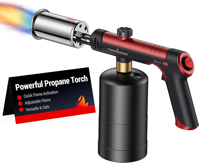 ThermoMaven Propane Torch with One-Touch Max Fire, Cooking Blow Torch Gun with Safety Lock, Charcoal Lighter, Flame Thrower, Gas Welding Kit Kitchen Food Torch Head for Grill, Sous Vide, BBQ, Red