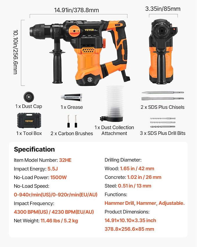 VEVOR 1-1/4 Inch SDS-Plus Rotary Hammer Drill, 13 Amp Corded Drills, Heavy Duty Chipping Hammers w/Vibration Control & Safety Clutch, Electric Demolition Hammers Variable Speed, Power Tool For Concret