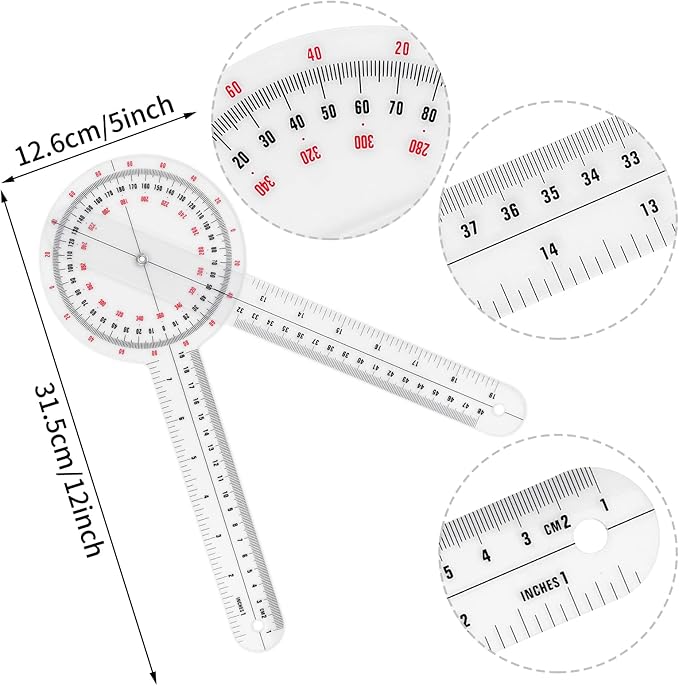 Prasacco 12 Inch Goniometer, Transparent Orthopedic Angle Ruler Plastic Goniometer 360 Degree Goniometer Angle Protractor Goniometer for Body Measuring Tape Goniometer Protractor Ruler